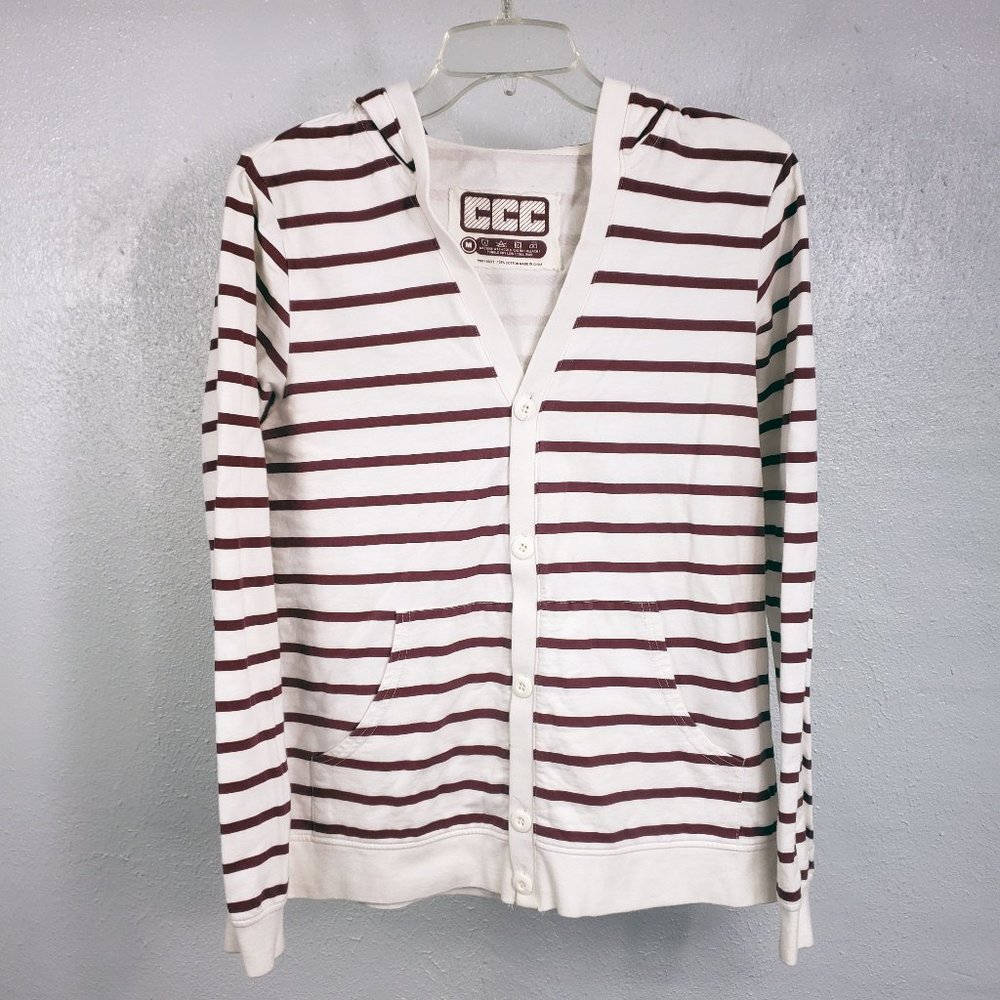 CCC Women's White Button Down Stripped Lightweight Sweater Coat Jacket Hoodie - Picture 1 of 11